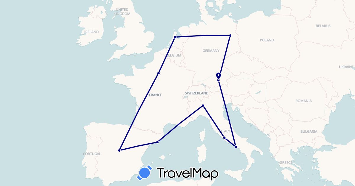 TravelMap itinerary: driving in Germany, Spain, France, Italy, Netherlands (Europe)